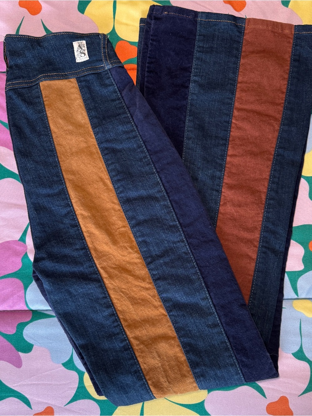 Altar'd State Women's Flared Jeans with Navy, Brown and Tan Panels